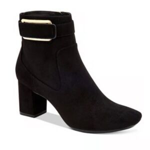 Calvin Klein Black Suede-Look Block Heel Ankle Boots with Gold Accent